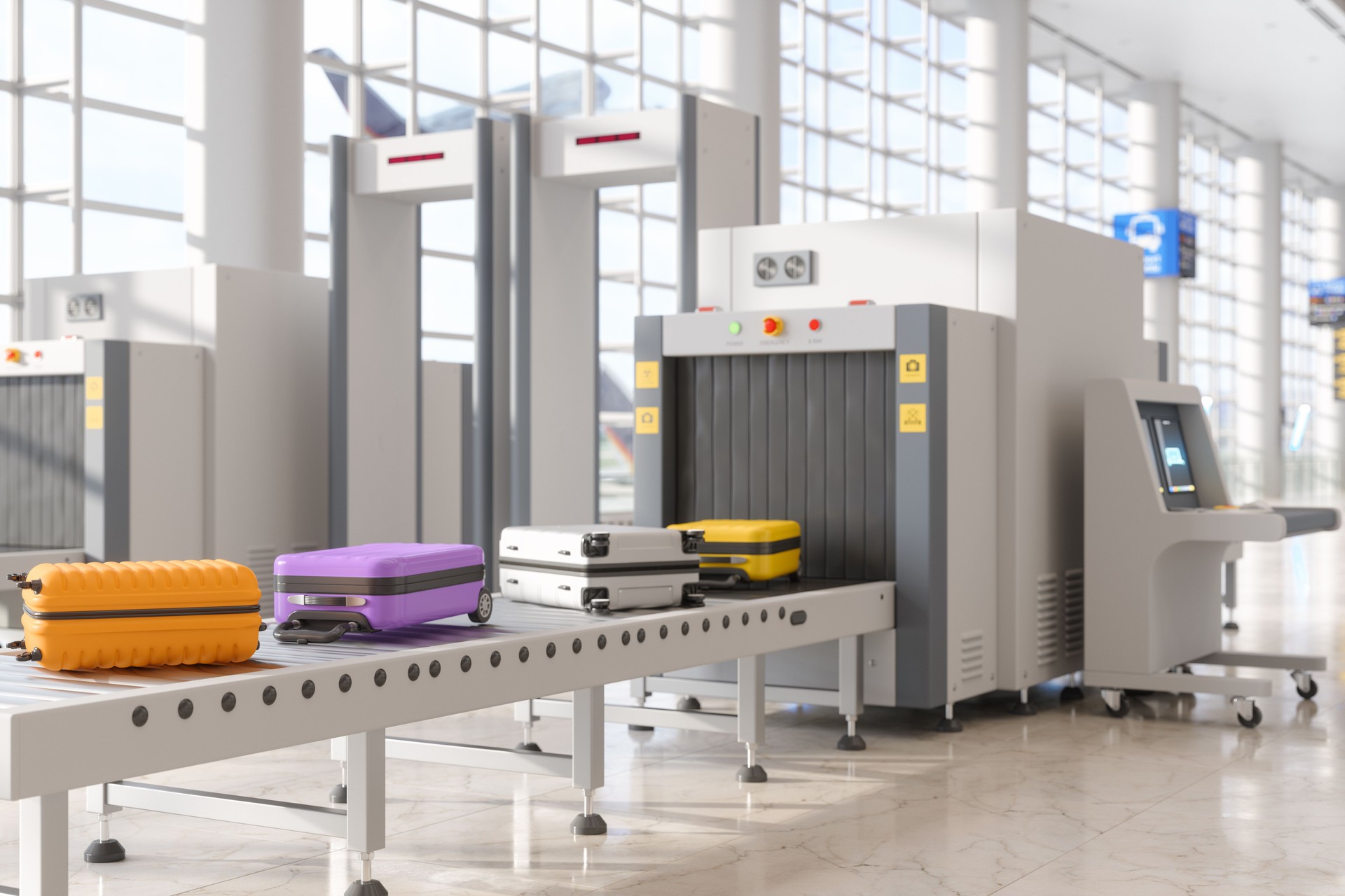 Airport Security Checkpoint With X-Ray Scanner Scanning Luggages