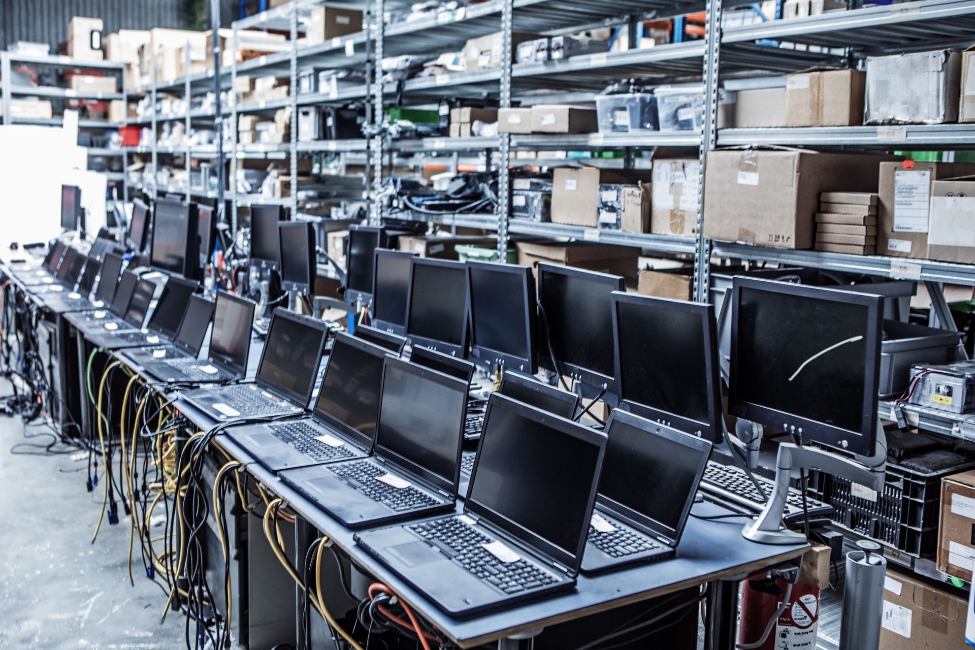 A warehouse storage of laptop computers