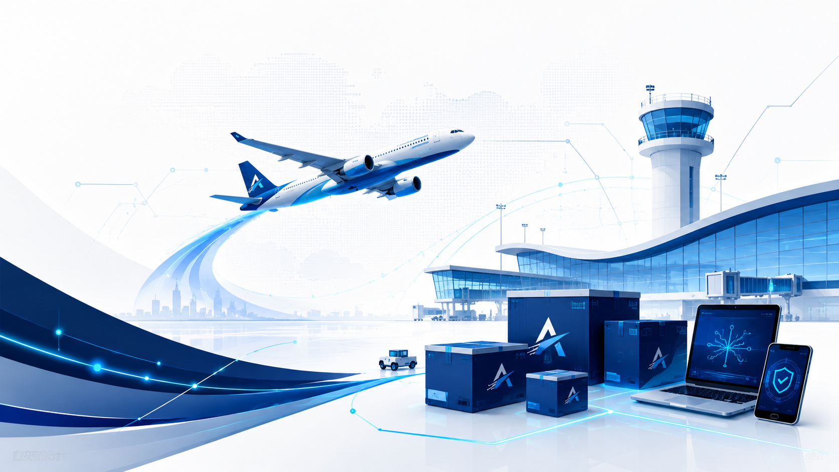 Airport, logistics, IT hardware, and electronics supply visual for Aimipaer